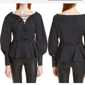 NWT STAUD Lace Up Peplum Stretch Cotton Blouse 2, BLACK